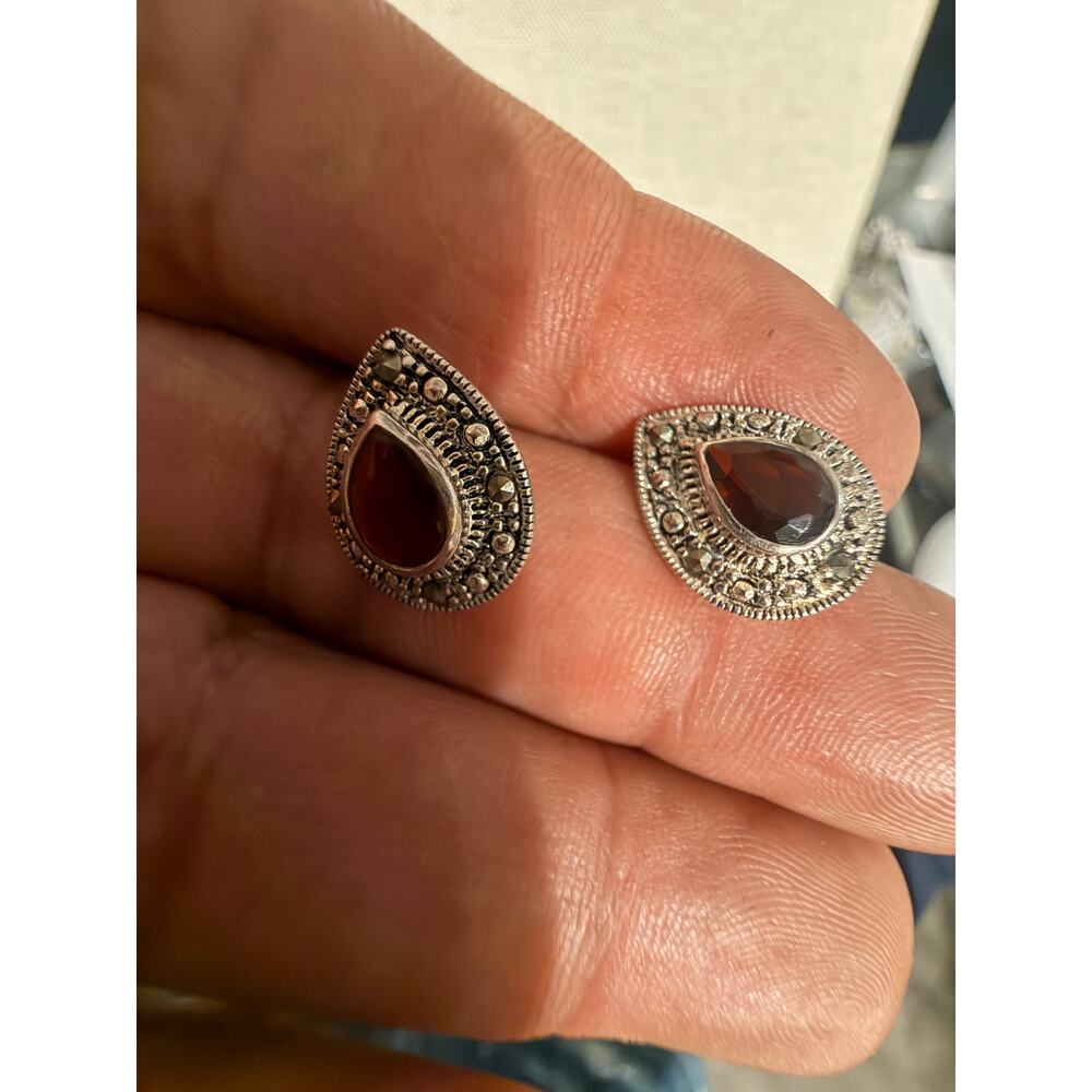 Vintage 925 Sterling Garnet Marcasite Necklace Earrings Set